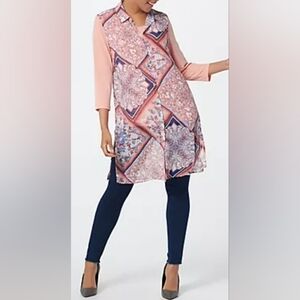 Susan Graver Blue and Orange Boho Chiffon Button Front Tunic Vest Dress, Size 2